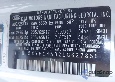 2020 Kia Sorento L/Lx z USA, uszkodzony, nr VIN 5XYPG4A32LG627856